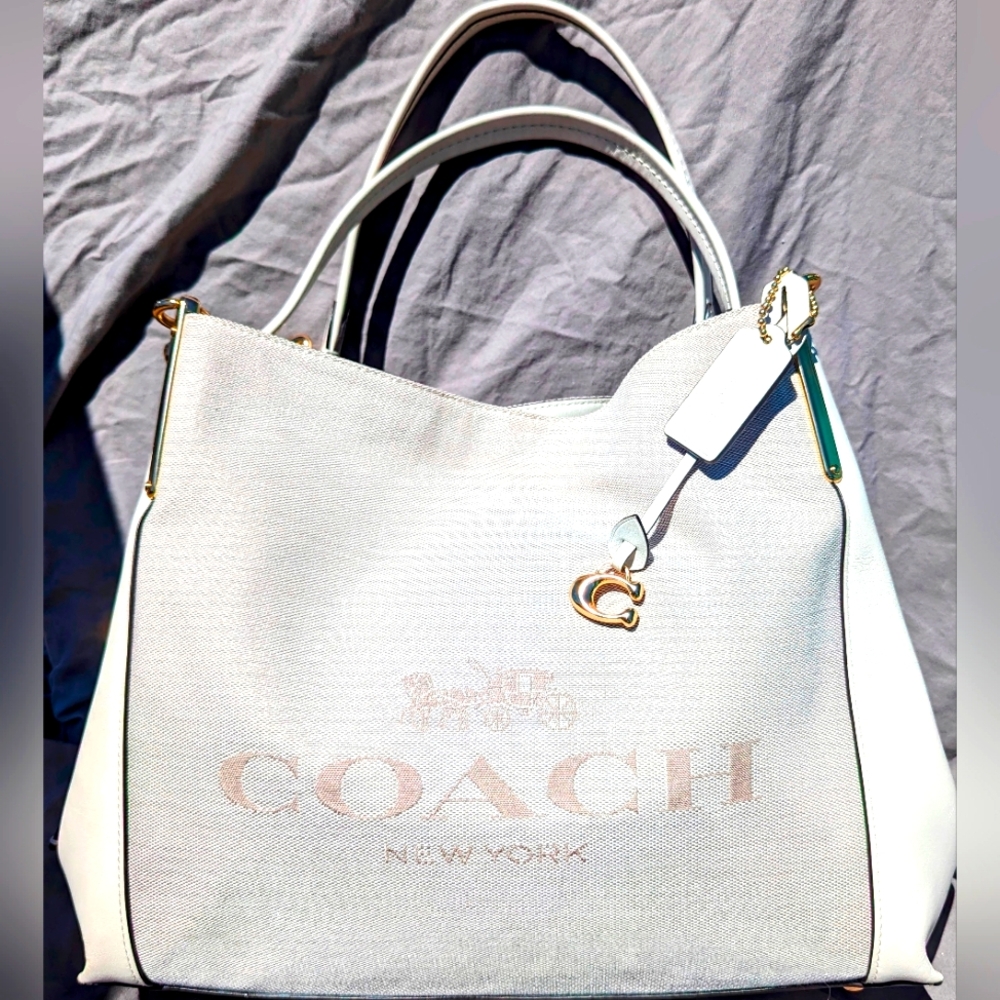 Coach Dalton 31 Horse & Carriage, Jacquard & Leather Shoulder Bag, White & Cream